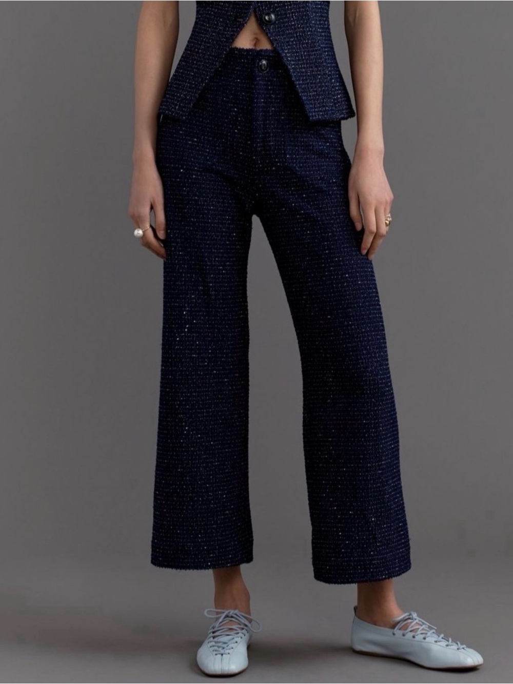 Anthropologie The Colette Cropped Wide-Leg Tweed Pants in Navy